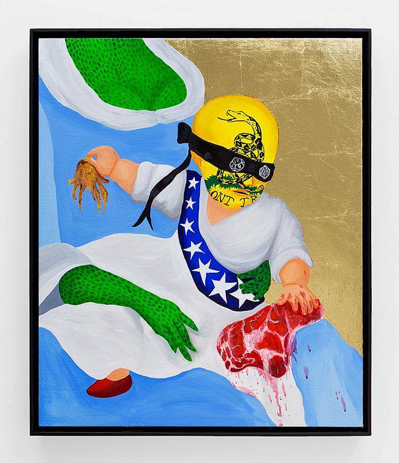 Image description: A painting of a child on the lap of a reptilian woman. We see her arms and chest. She wears a blue flowy dress. The child has a yellow don't tread on me painted all over his head. He is blindfold with a black cloth that has two dye where the eyes should be. The child holds a big steak in their left hand and a squid in their right.